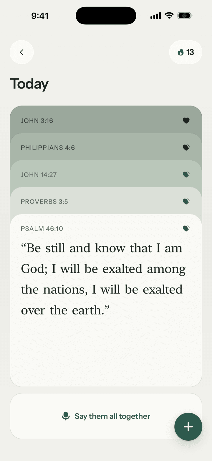 By Heart's Today: a stack of verse cards with Psalm 46:10 in front and a 13-day streak