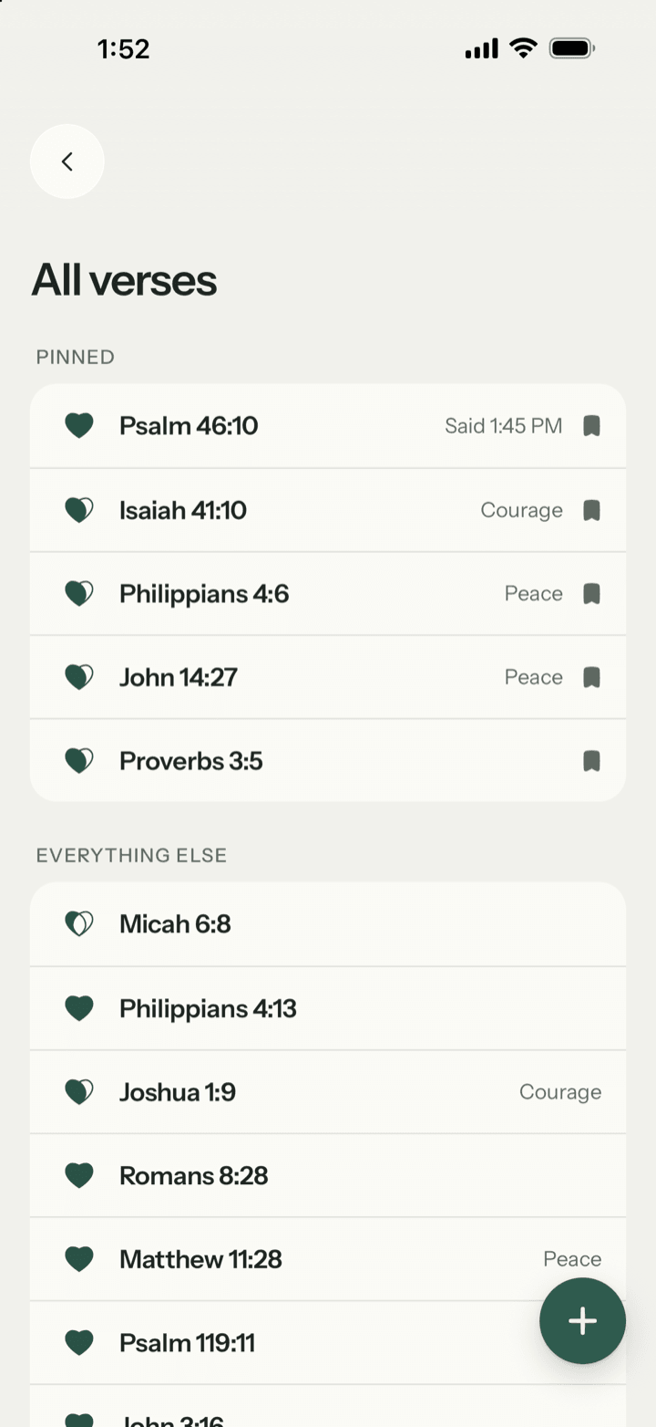 All verses: pinned verses and the rest of the library, each with its heart