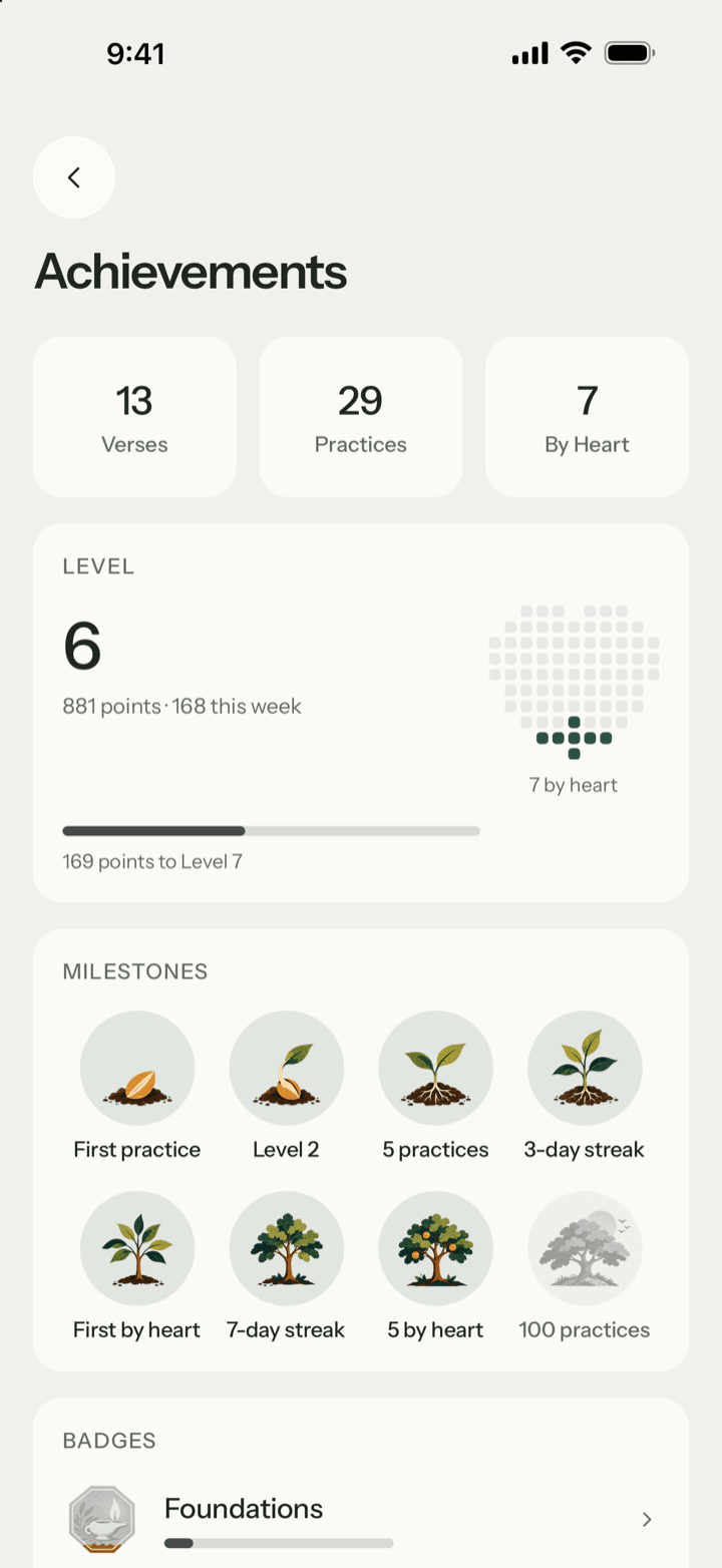 Achievements: verses, practices and verses by heart, a level, and milestones that grow from a seed to a tree